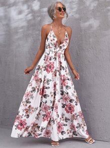 SHEIN VCAY Floral Plunging Neck Crisscross Backless Cami Dress