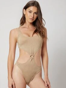 SHEIN O-Ring Cut-Out One Piece Swimsuit, For Summer Beach Vacation - Khaki - View 10