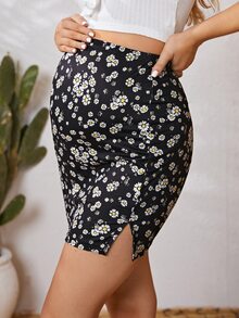 SHEIN 孕婦裝印花開衩半身裙 - 黑色 - 查看 5