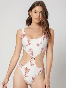 SHEIN Floral Cut Out One Piece Swimsuit Summer Beach - White - View 6