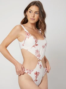 SHEIN Floral Cut Out One Piece Swimsuit Summer Beach - White - View 9