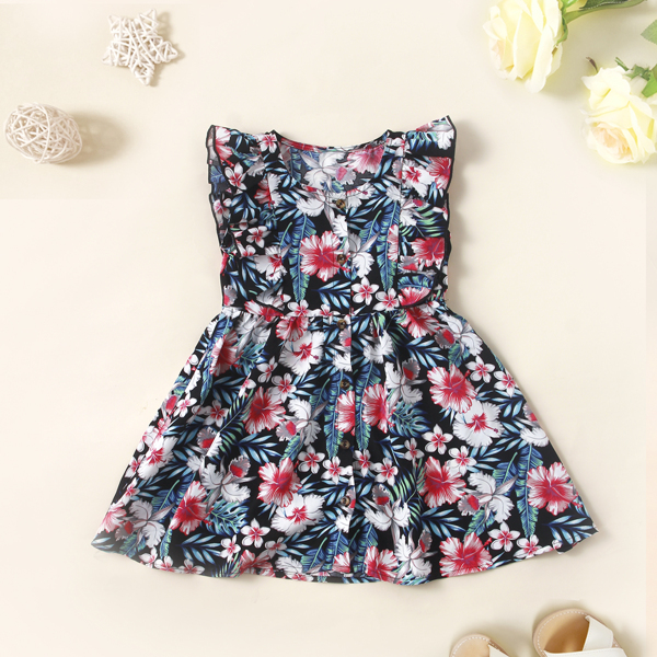 

Toddler Girls Allover Floral Print Ruffle Trim Button Front Dress, Multicolor