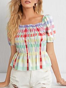 SHEIN Unity Áo sơ mi viền lá sen Viên lá sen Dải chun Kẻ sọc Boho - Nhiều màu - Xem 1