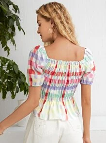 SHEIN Unity Áo sơ mi viền lá sen Viên lá sen Dải chun Kẻ sọc Boho - Nhiều màu - Xem 2