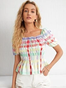 SHEIN Unity Áo sơ mi viền lá sen Viên lá sen Dải chun Kẻ sọc Boho - Nhiều màu - Xem 3