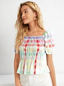 SHEIN Unity Áo sơ mi viền lá sen Viên lá sen Dải chun Kẻ sọc Boho - Nhiều màu - Xem 4