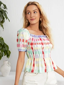 SHEIN Unity Áo sơ mi viền lá sen Viên lá sen Dải chun Kẻ sọc Boho - Nhiều màu - Xem 5