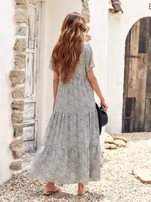 SHEIN LUNE Leopard Print Ruffle Hem Smock Dress - Grey - View 2