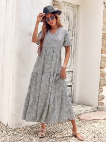 SHEIN LUNE Leopard Print Ruffle Hem Smock Dress - Grey - View 3