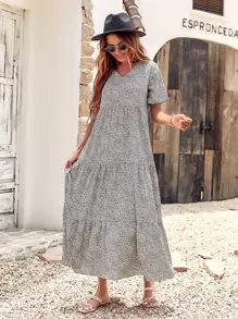 SHEIN LUNE Leopard Print Ruffle Hem Smock Dress - Grey - View 4