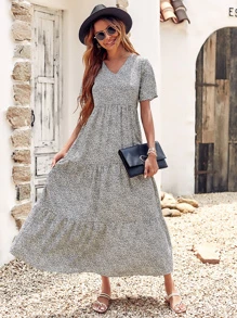 SHEIN LUNE Leopard Print Ruffle Hem Smock Dress - Grey - View 5