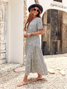 SHEIN LUNE Leopard Print Ruffle Hem Smock Dress - Grey - View 7