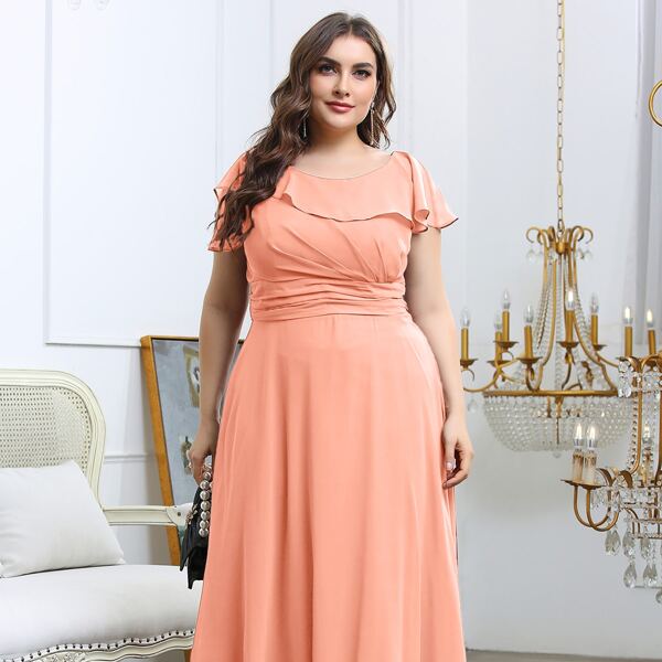 

Plus Ruffle Ruched Chiffon Maxi Dress, Orange