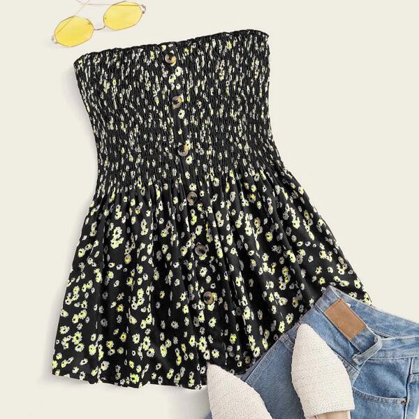 

Plus Ditsy Floral Shirred Peplum Tube Top, Black