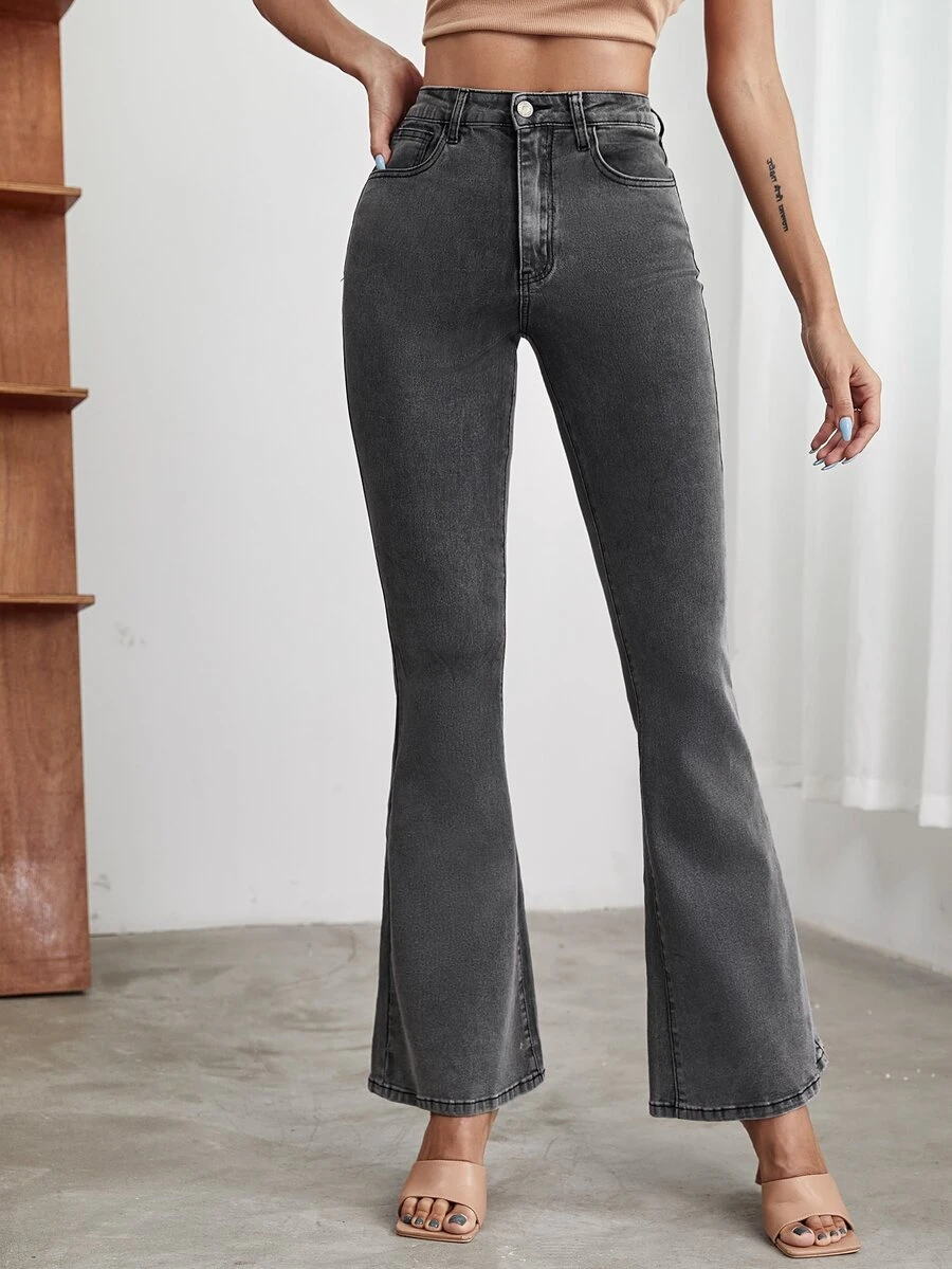 High Waist Flare Leg Denim Jeans - Dark Grey - View 1