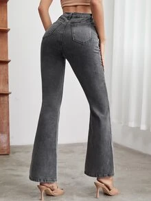 High Waist Flare Leg Denim Jeans - Dark Grey - View 2