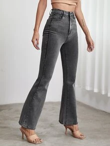 High Waist Flare Leg Denim Jeans - Dark Grey - View 3