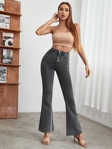 High Waist Flare Leg Denim Jeans - Dark Grey - View 4