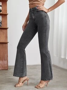 High Waist Flare Leg Denim Jeans - Dark Grey - View 5