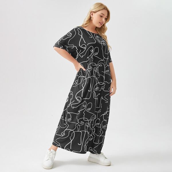 

Plus Batwing Sleeve Figure Graphic Dress, Black and white