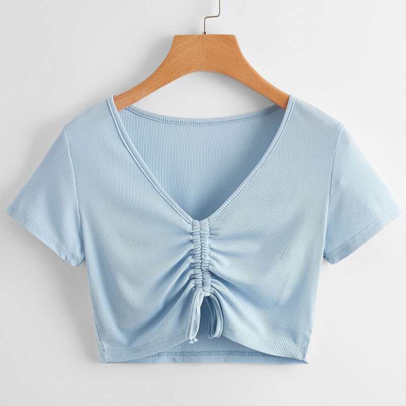 

Solid Drawstring Ruched Ribbed Tee, Baby blue