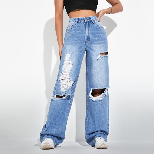 

High Waist Ripped Wide Leg Jeans, Light wash