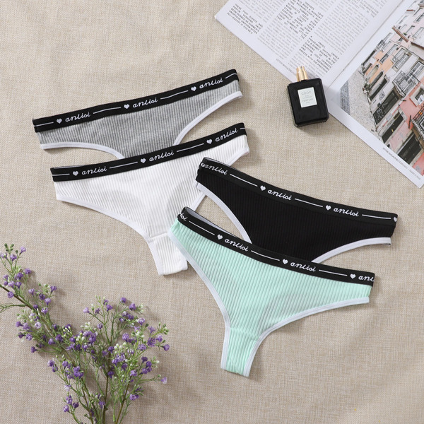 

4pack Rib Letter Tape Panty Set, Multicolor