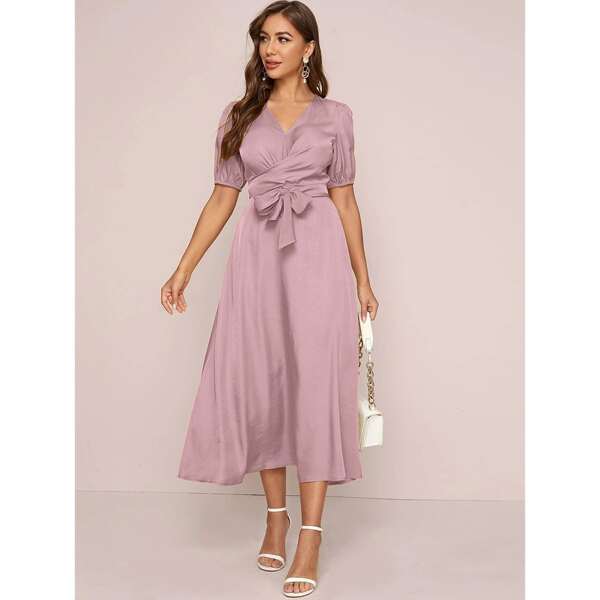 

V-neck Tie Front Solid Dress, Dusty pink