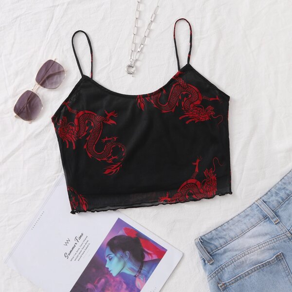 

Chinese Dragon Print Lettuce Trim Cami Top, Black