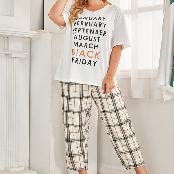 

Plus Slogan Print Tee and Tartan Pants PJ Set, Multicolor