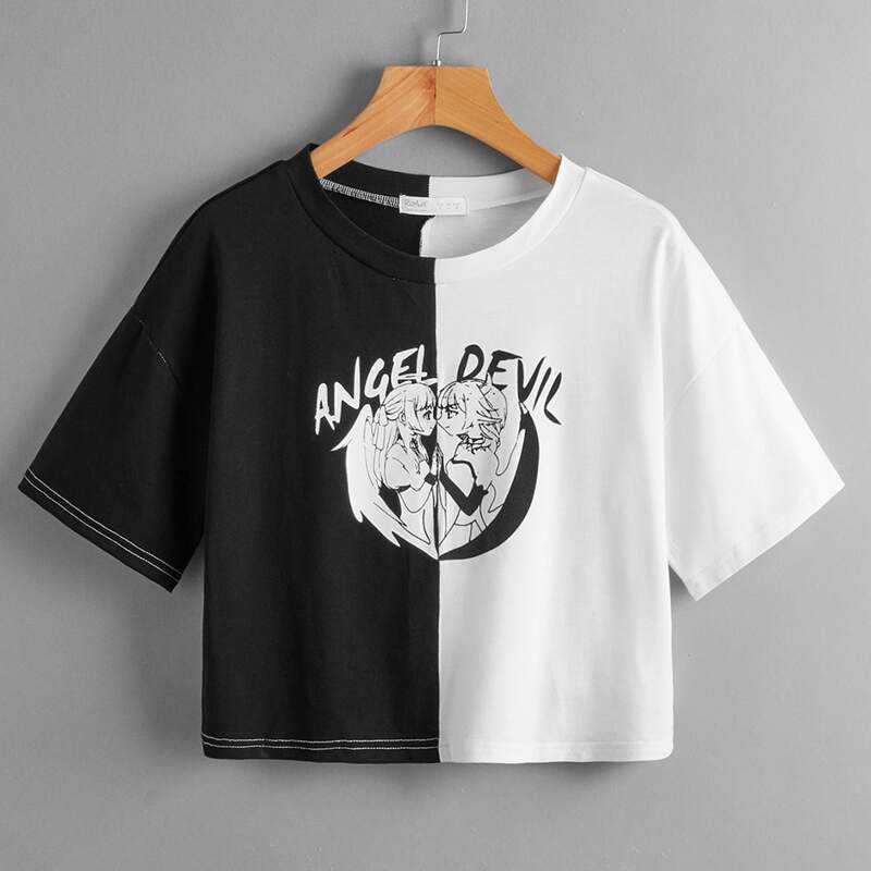 

Colorblock Letter Cartoon Figure Graphic Tee, Black and white