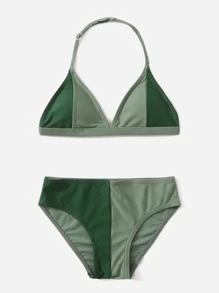 Tween Girl Color Block Halter Bikini Set Summer Beach - Green - View 1