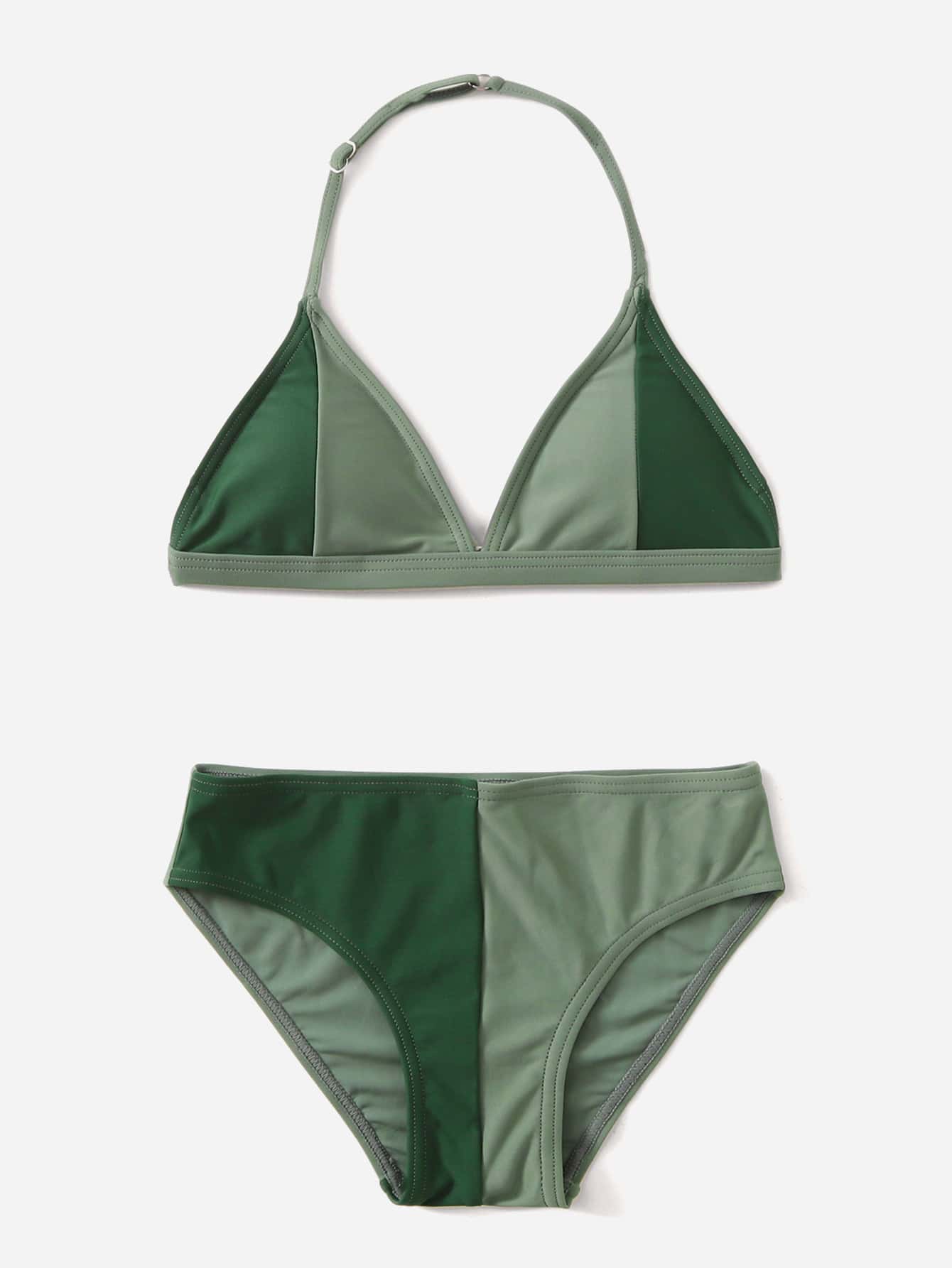 Tween Girl Color Block Halter Bikini Set Summer Beach - Green - View 1