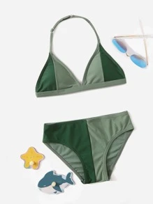 Tween Girl Color Block Halter Bikini Set Summer Beach - Green - View 5
