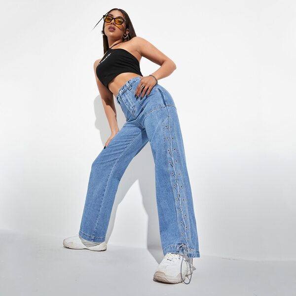 

Grommet Lace-up Topstitching Wide Leg Jeans, Medium wash