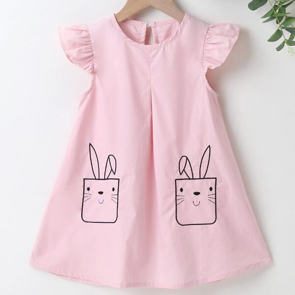 

Baby Girl Rabbit Embroidery Ruffle Cuff A-line Dress, Pink