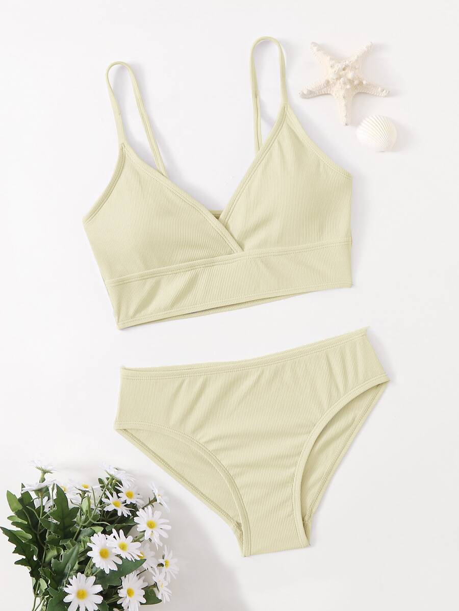 Conjunto de bikini acanalado liso para niña preadolescente, para playa de verano - Amarillo - Ver 1