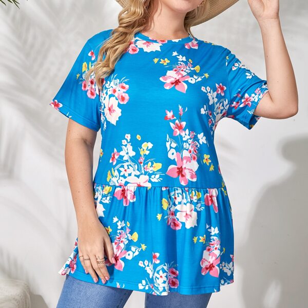 

Plus Floral Print Ruffle Hem Tee, Mint blue