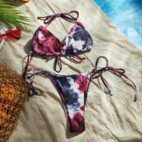 

Tie Dye Drawstring Halter Bikini Swimsuit, Multicolor