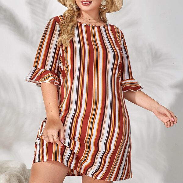 

Plus Striped Print Flounce Sleeve Tunic Dress, Multicolor