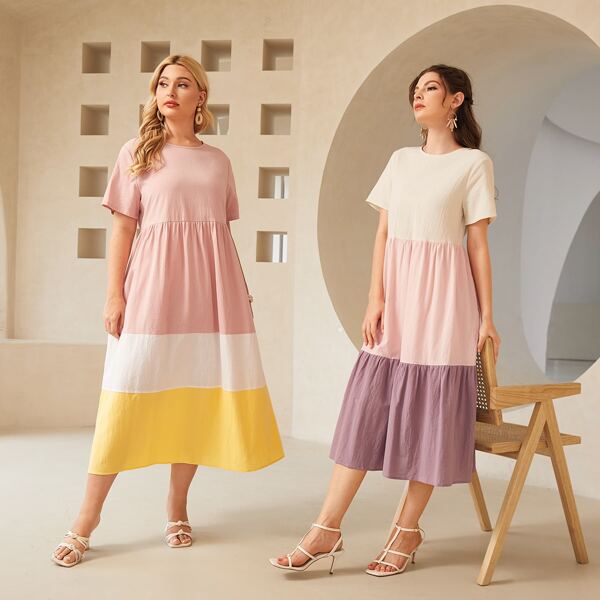 

Plus 1pc Color Block Smock Dress, Multicolor