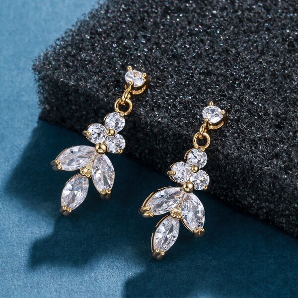 

Zircon Leaf Drop Earrings, Gold