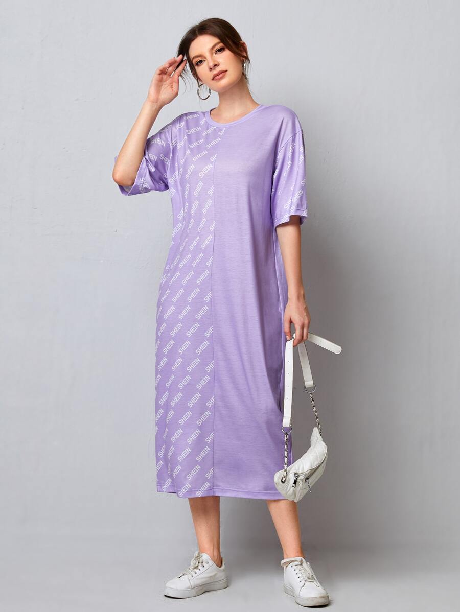 SHEIN Letter Graphic Tee Dress - Purple - View 1