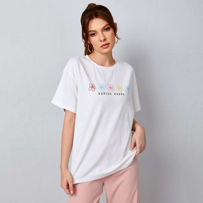 

Floral & Slogan Graphic Tee, White