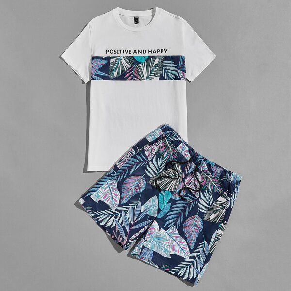 

Men Letter and Tropical Print Top & Shorts Set, Multicolor