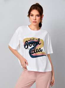 SHEIN 標語圖案落肩T恤 - 白色 - 查看 1