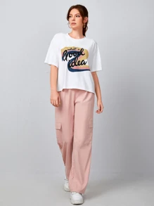 SHEIN 標語圖案落肩T恤 - 白色 - 查看 3