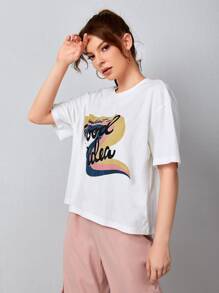 SHEIN 標語圖案落肩T恤 - 白色 - 查看 4