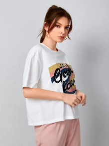 SHEIN 標語圖案落肩T恤 - 白色 - 查看 5