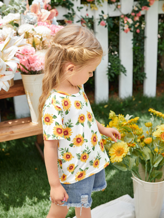 تي شيرت بطباعة زهرة دوار الشمس للبنات الصغار